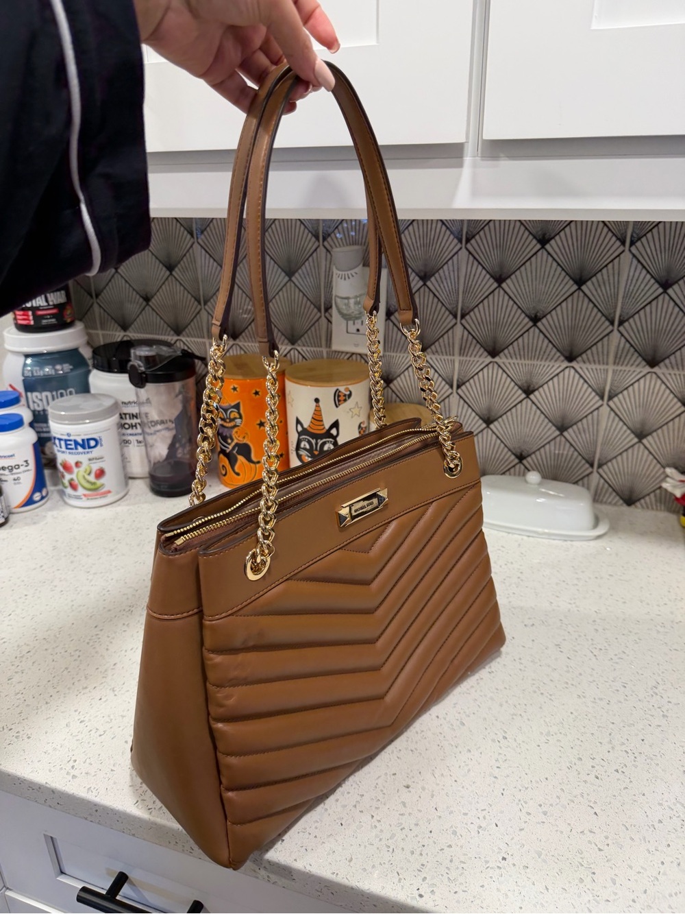 Michael Kors Tan Quilted Chevron Tote with Gold Chain Handles